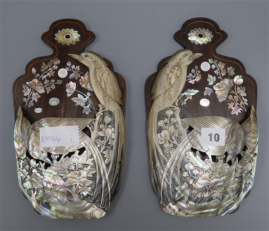 Two 19th century Chinese mother of pearl overlaid wall pockets length 27cm